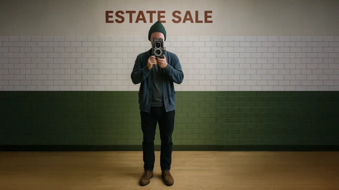 Standing beneath the Estate Sale sign