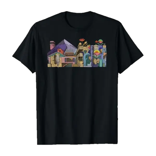 Black Color Graphic T-shirt with the hand-drawn Estate Sale houses and mountains